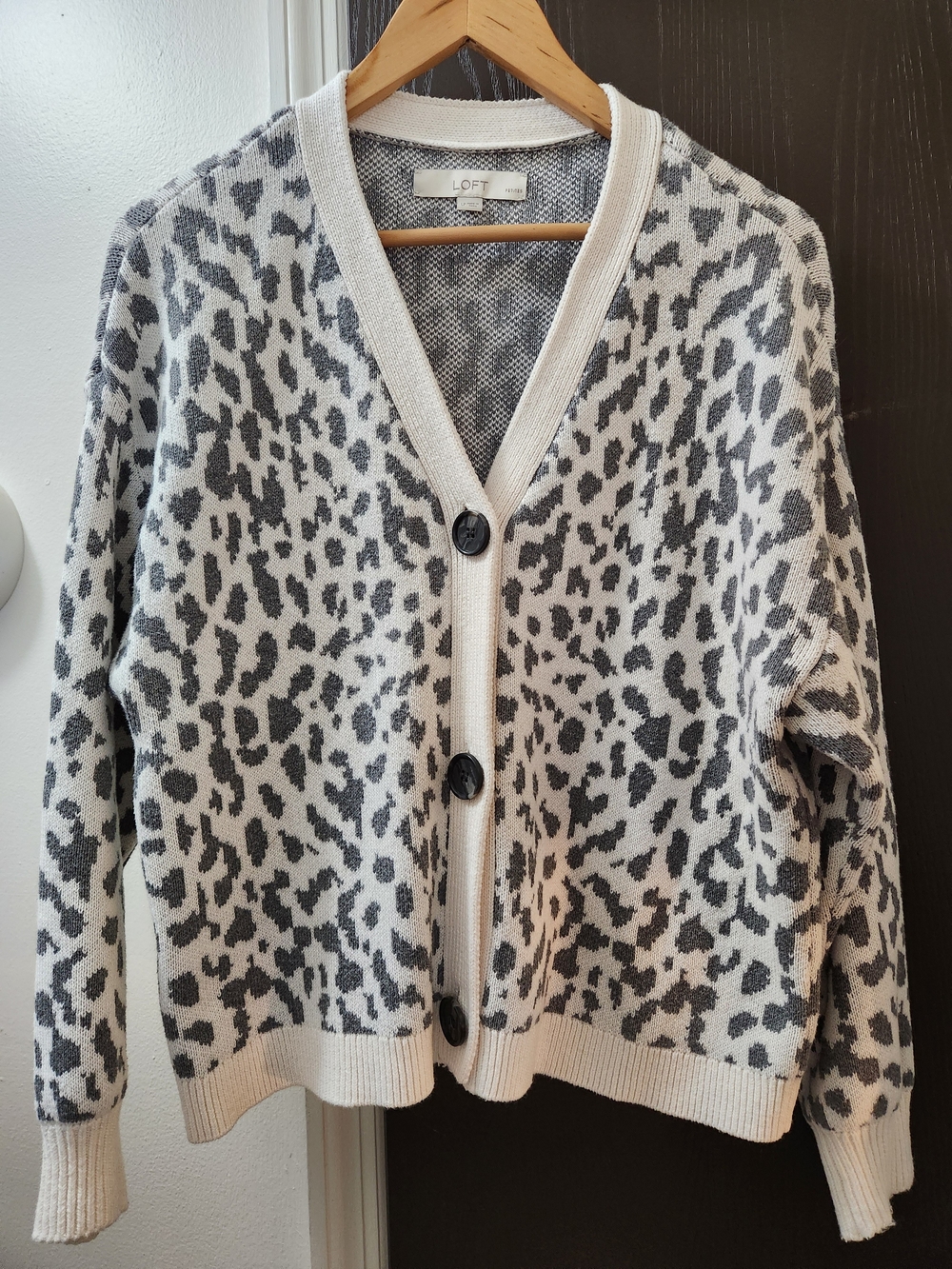 LOFT Cream and Gray Animal Print Button-Up Cardigan